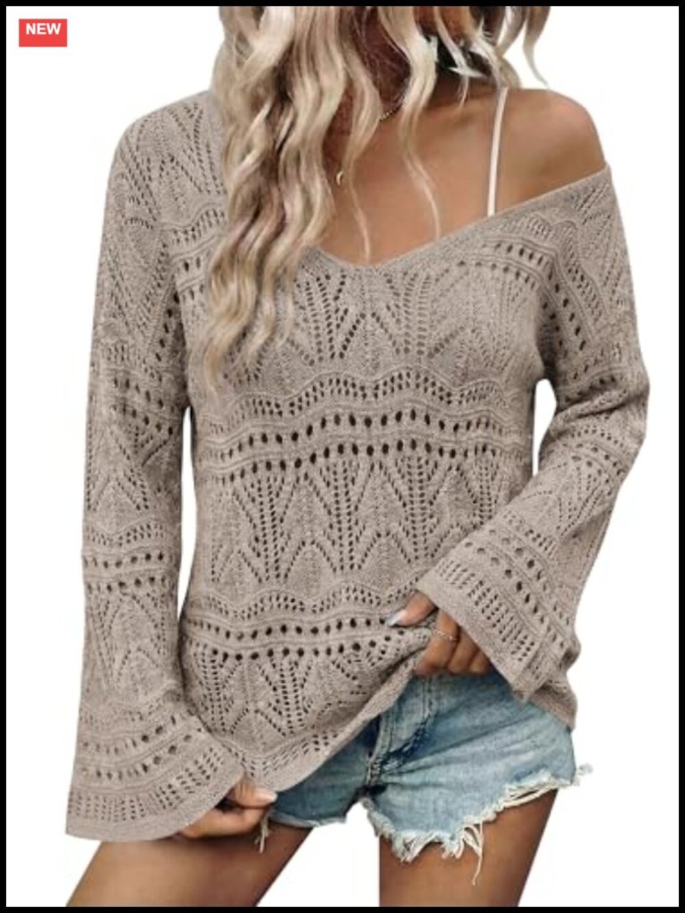 Boho Off Shoulder Crochet Sweater Bell Sleeve